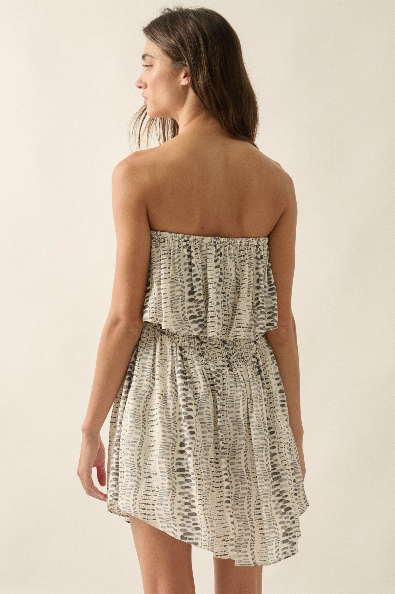 Wander Wild Abstract-Print Strapless Flounce Romper - ShopPromesa