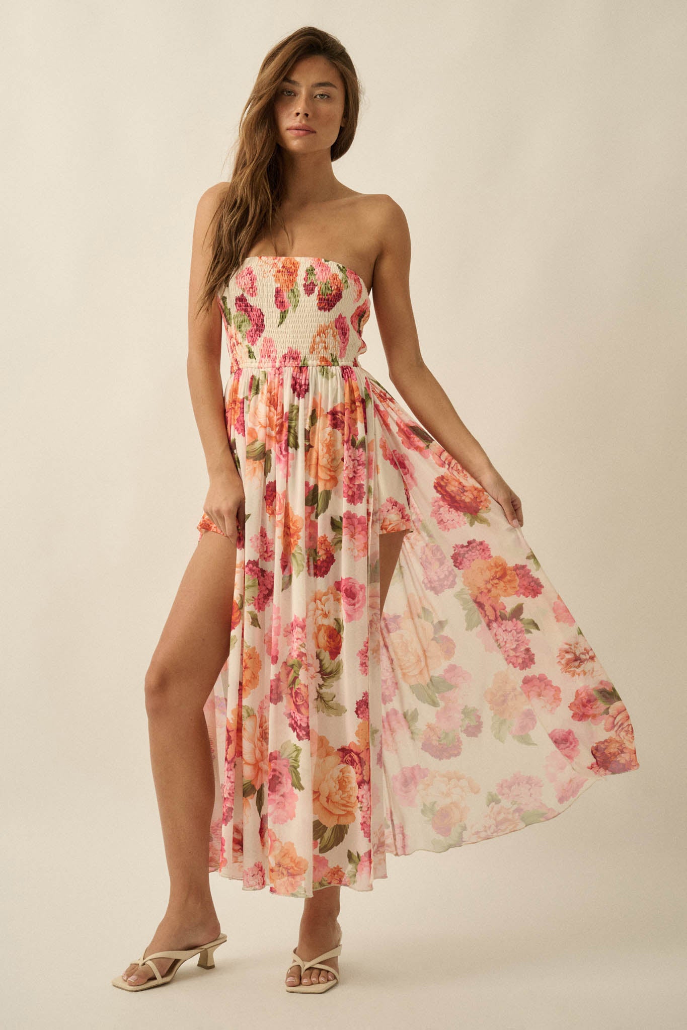 Garden Stroll Floral Mesh Strapless Romper Maxi Dress - ShopPromesa