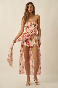 Garden Stroll Floral Mesh Strapless Romper Maxi Dress - ShopPromesa