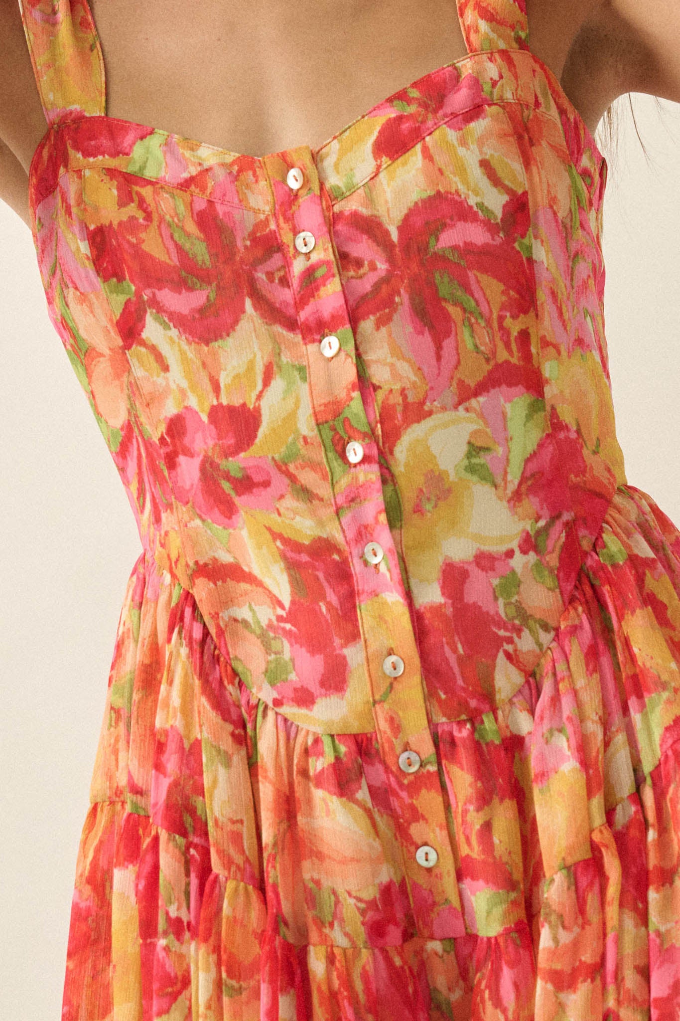 Blooming Citrine Floral Chiffon Tiered Ruffle Romper - ShopPromesa