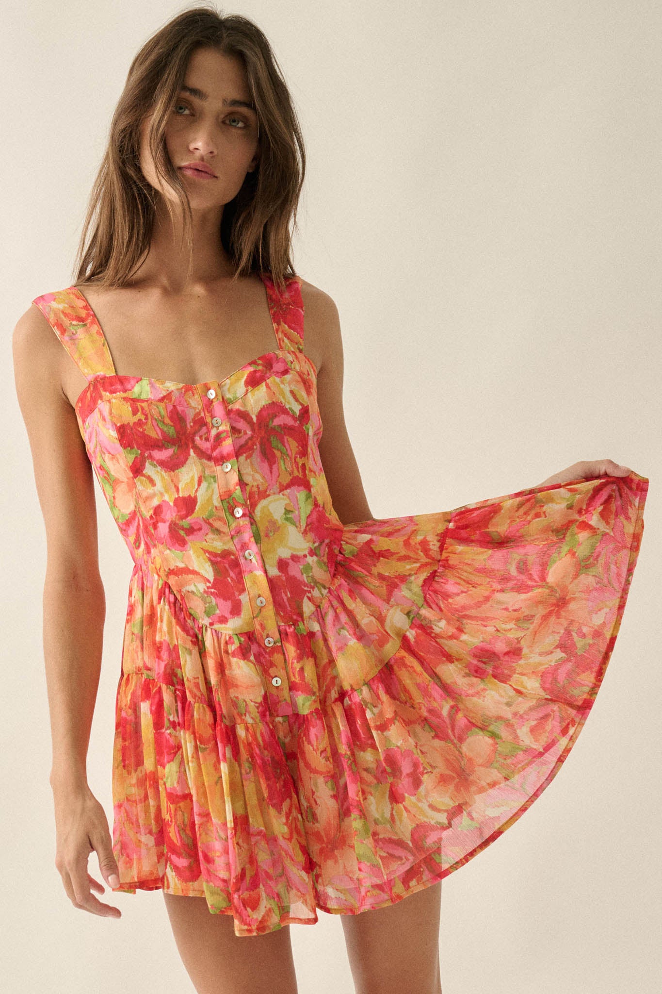 Blooming Citrine Floral Chiffon Tiered Ruffle Romper - ShopPromesa