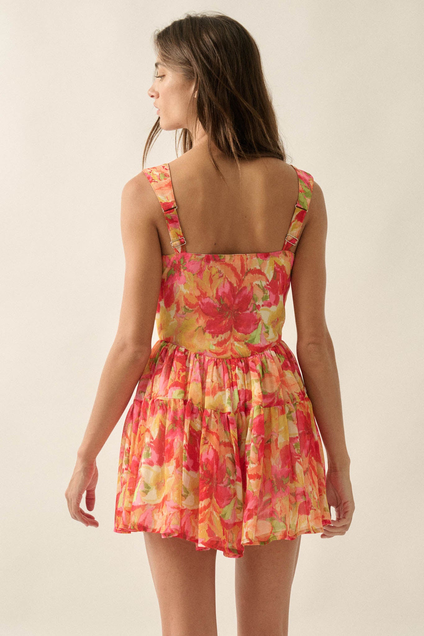 Blooming Citrine Floral Chiffon Tiered Ruffle Romper - ShopPromesa