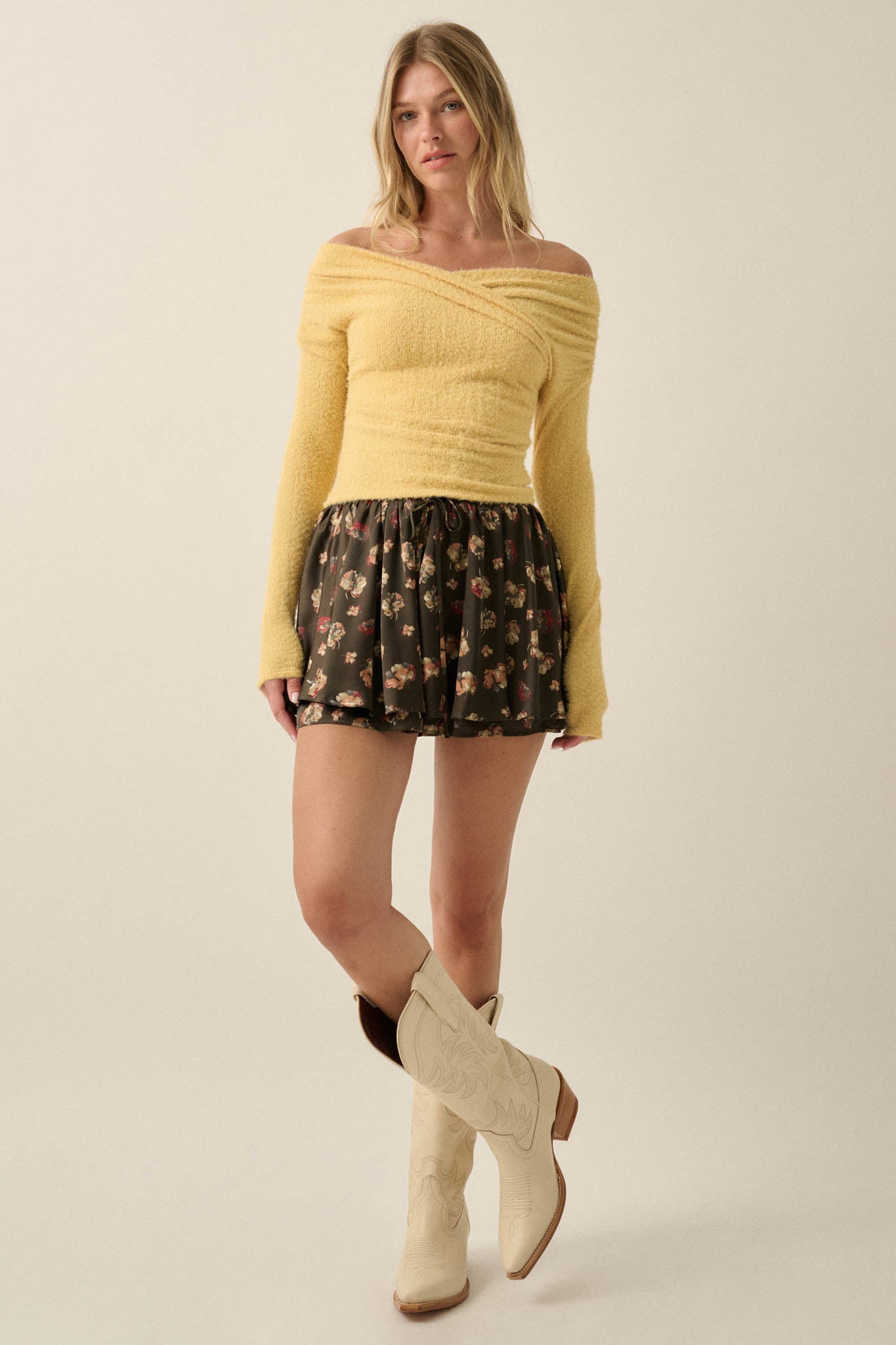 Scattered Petals Floral Satin Gathered Mini Skort - ShopPromesa