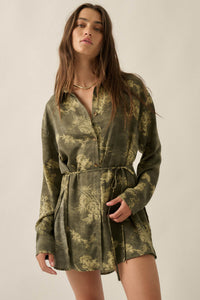 Blooming Jade Floral Satin Belted Shirt Romper - ShopPromesa