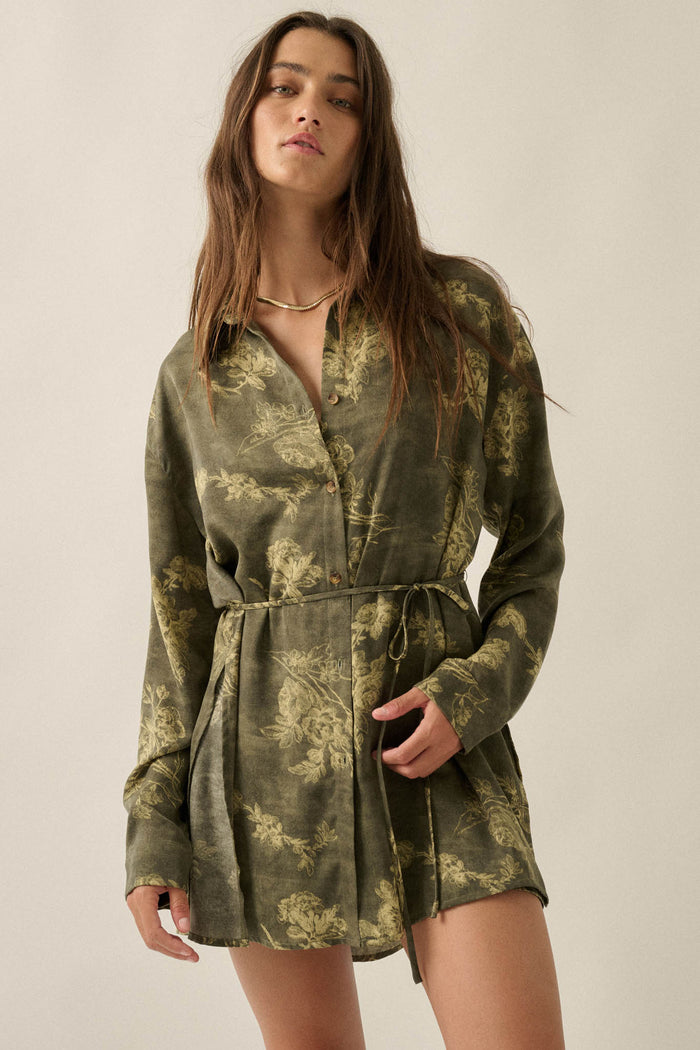 Blooming Jade Floral Satin Belted Shirt Romper - ShopPromesa