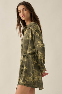 Blooming Jade Floral Satin Belted Shirt Romper - ShopPromesa