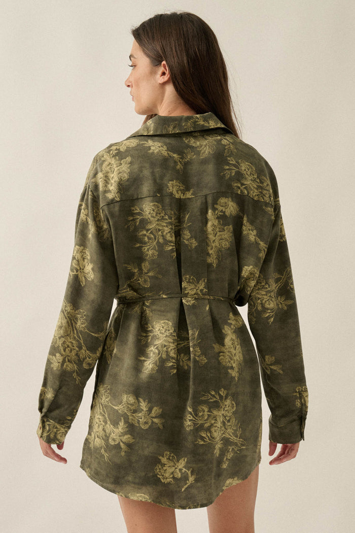Blooming Jade Floral Satin Belted Shirt Romper - ShopPromesa