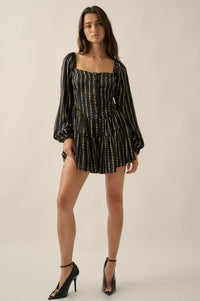 Belle Lune Moon-Print Satin Long-Sleeve Tiered Romper - ShopPromesa