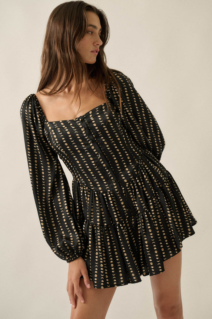 Belle Lune Moon-Print Satin Long-Sleeve Tiered Romper - ShopPromesa