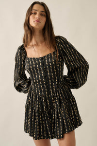 Belle Lune Moon-Print Satin Long-Sleeve Tiered Romper - ShopPromesa