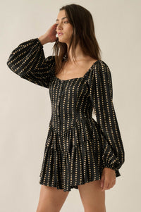 Belle Lune Moon-Print Satin Long-Sleeve Tiered Romper - ShopPromesa