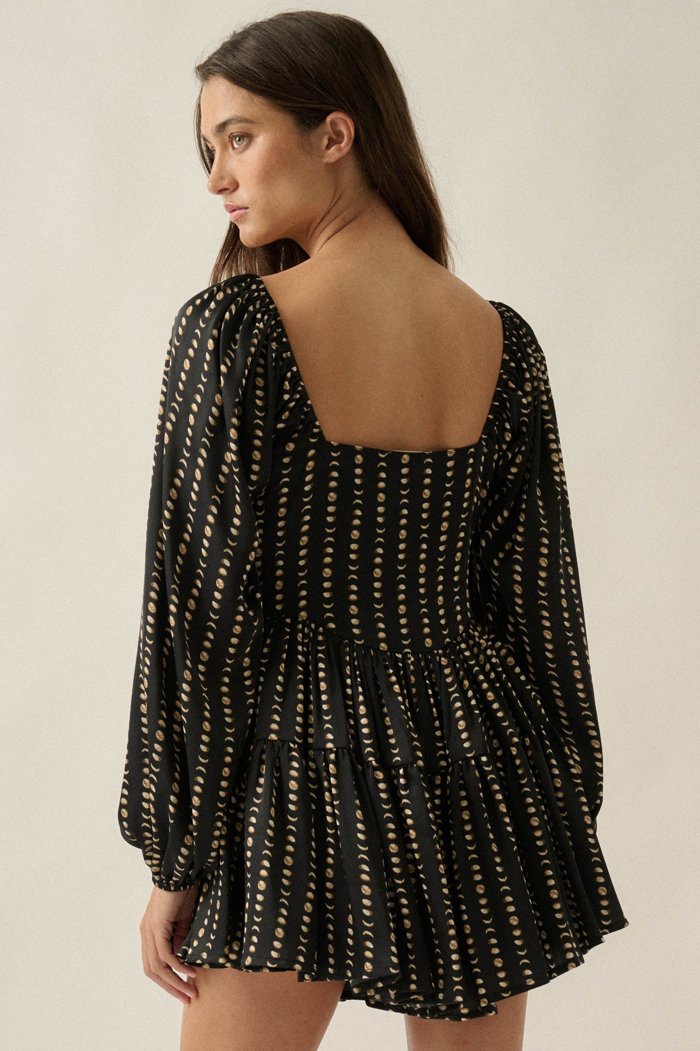 Belle Lune Moon-Print Satin Long-Sleeve Tiered Romper - ShopPromesa
