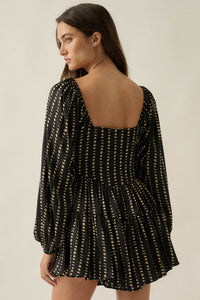 Belle Lune Moon-Print Satin Long-Sleeve Tiered Romper - ShopPromesa