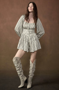 Belle Lune Moon-Print Satin Long-Sleeve Tiered Romper - ShopPromesa
