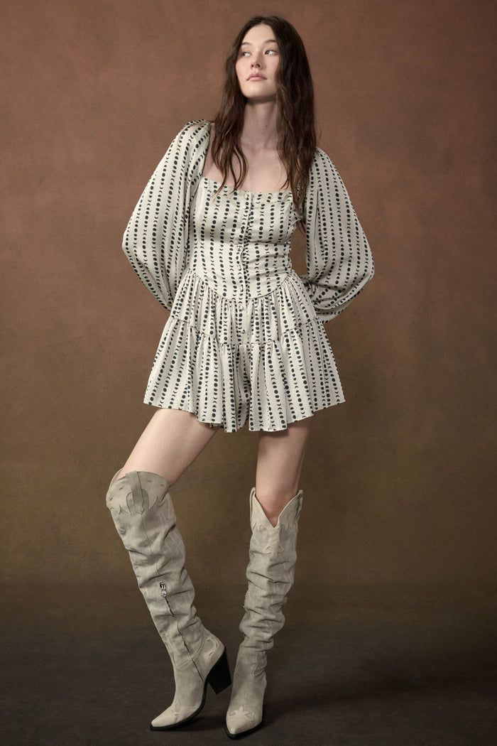 Belle Lune Moon-Print Satin Long-Sleeve Tiered Romper - ShopPromesa