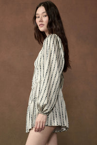 Belle Lune Moon-Print Satin Long-Sleeve Tiered Romper - ShopPromesa