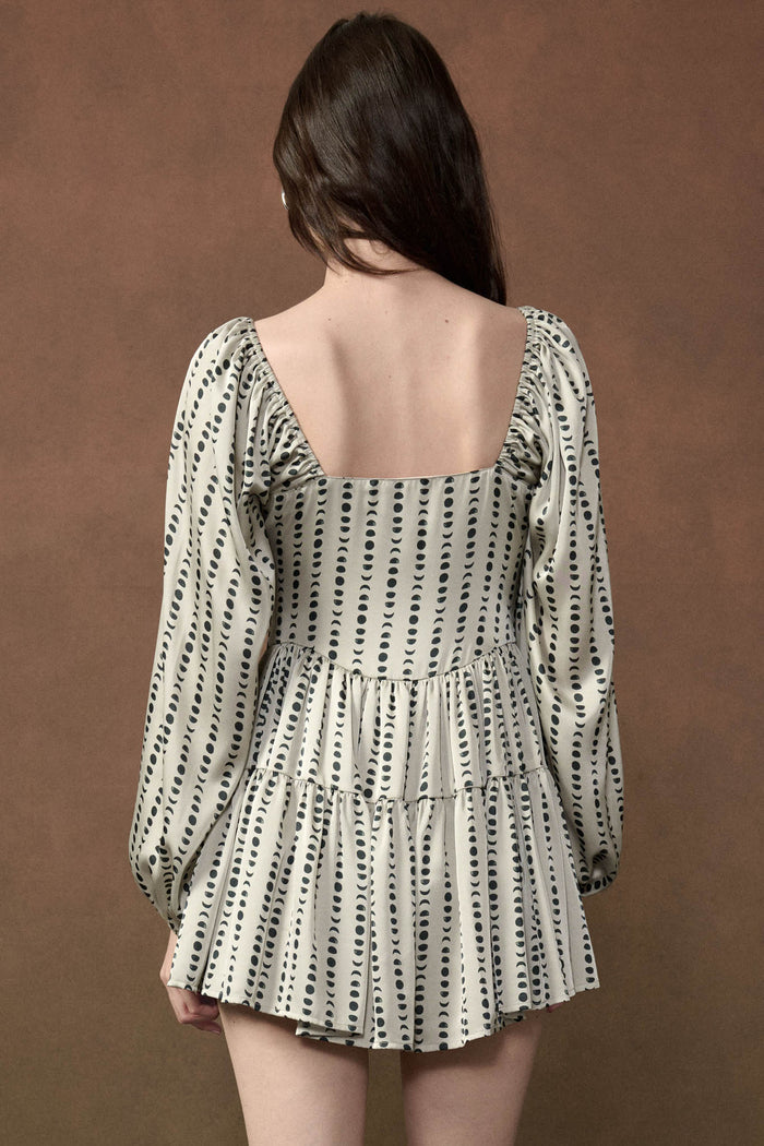Belle Lune Moon-Print Satin Long-Sleeve Tiered Romper - ShopPromesa