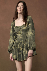 Jade Blossoms Floral Satin Long-Sleeve Tiered Romper - ShopPromesa