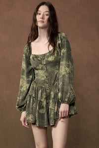 Jade Blossoms Floral Satin Long-Sleeve Tiered Romper - ShopPromesa