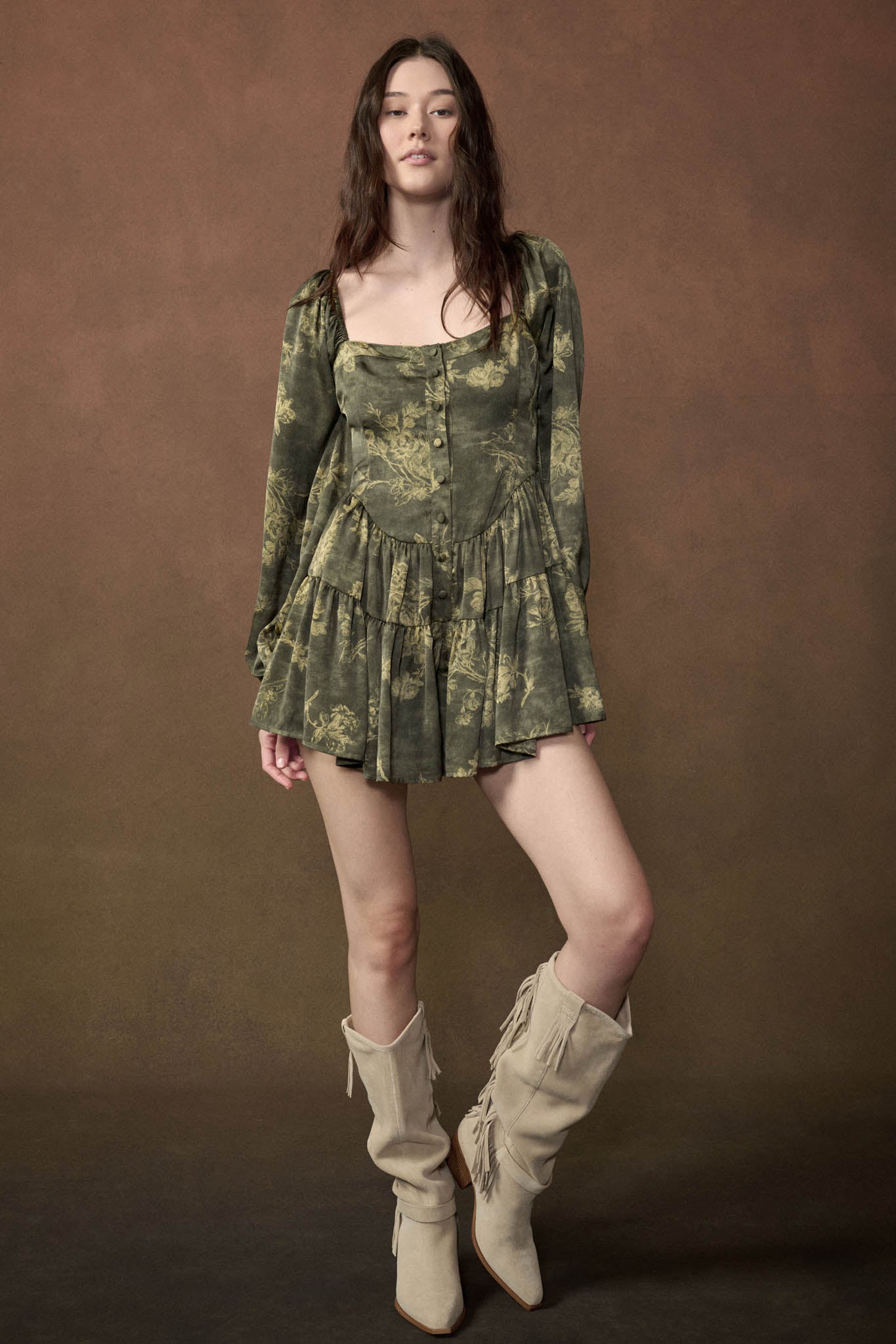 Jade Blossoms Floral Satin Long-Sleeve Tiered Romper - ShopPromesa