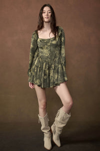 Jade Blossoms Floral Satin Long-Sleeve Tiered Romper - ShopPromesa