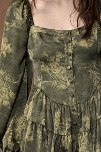 Jade Blossoms Floral Satin Long-Sleeve Tiered Romper - ShopPromesa