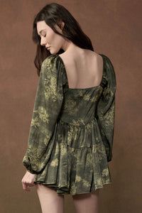 Jade Blossoms Floral Satin Long-Sleeve Tiered Romper - ShopPromesa
