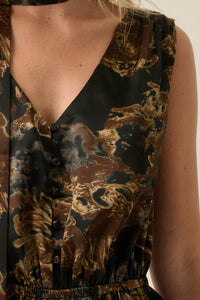 Golden Girl Abstract Satin Sleeveless Scarf Romper - ShopPromesa