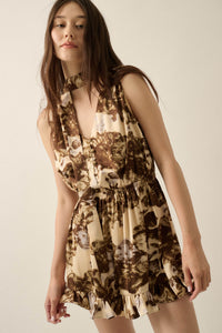 Golden Girl Abstract Satin Sleeveless Scarf Romper - ShopPromesa