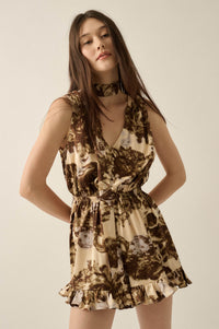 Golden Girl Abstract Satin Sleeveless Scarf Romper - ShopPromesa