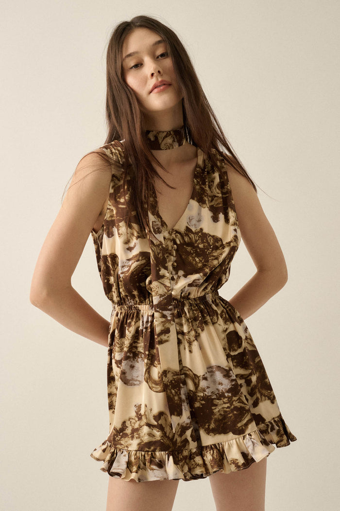 Golden Girl Abstract Satin Sleeveless Scarf Romper - ShopPromesa