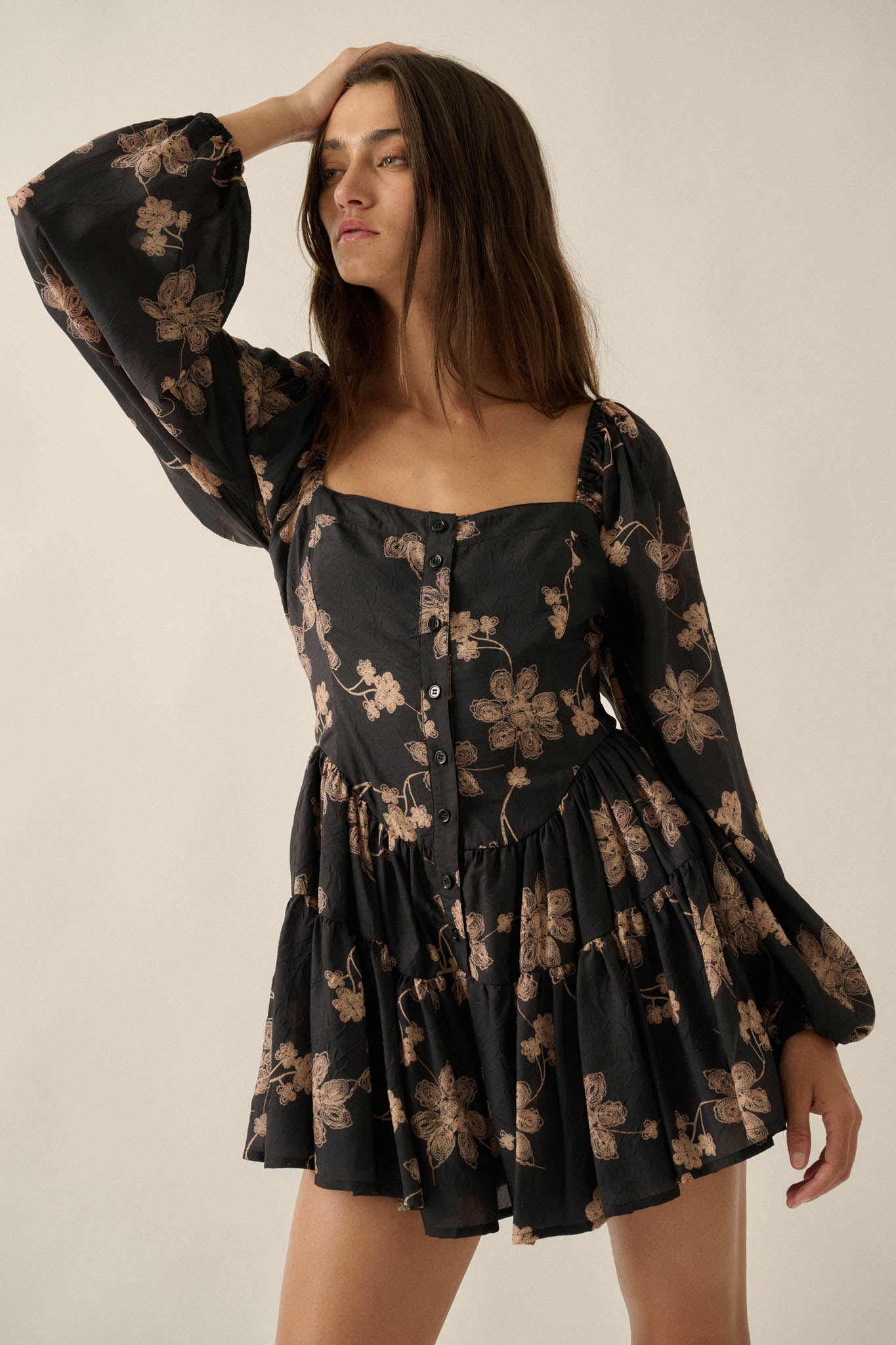 Truly Timeless Floral Tiered Ruffle Balloon-Sleeve Romper - ShopPromesa