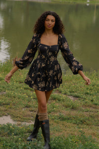 Truly Timeless Floral Tiered Ruffle Balloon-Sleeve Romper - ShopPromesa