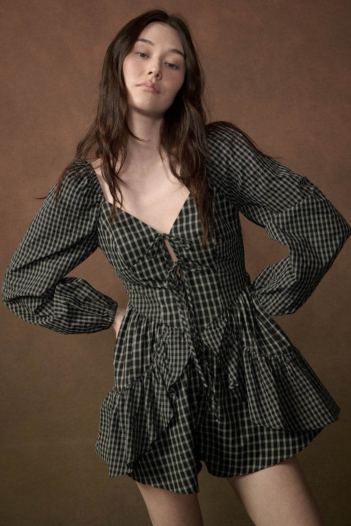 Square Deal Plaid Ruffled Tie-Front Romper - ShopPromesa