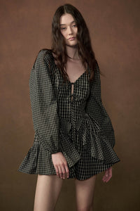 Square Deal Plaid Ruffled Tie-Front Romper - ShopPromesa