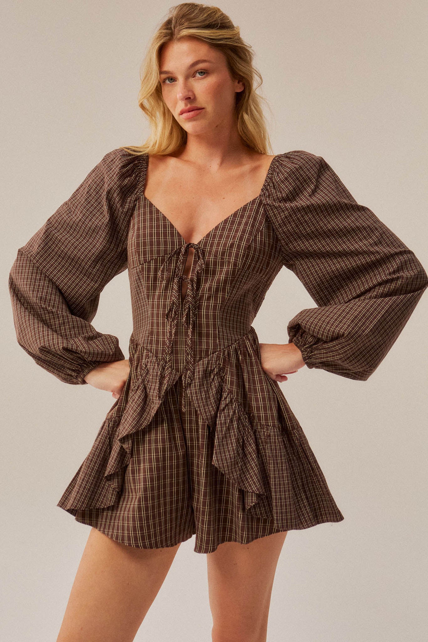 Square Deal Plaid Ruffled Tie-Front Romper - ShopPromesa