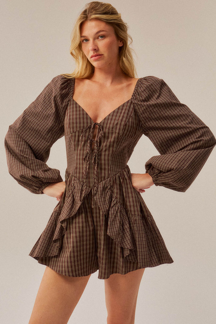 Square Deal Plaid Ruffled Tie-Front Romper - ShopPromesa