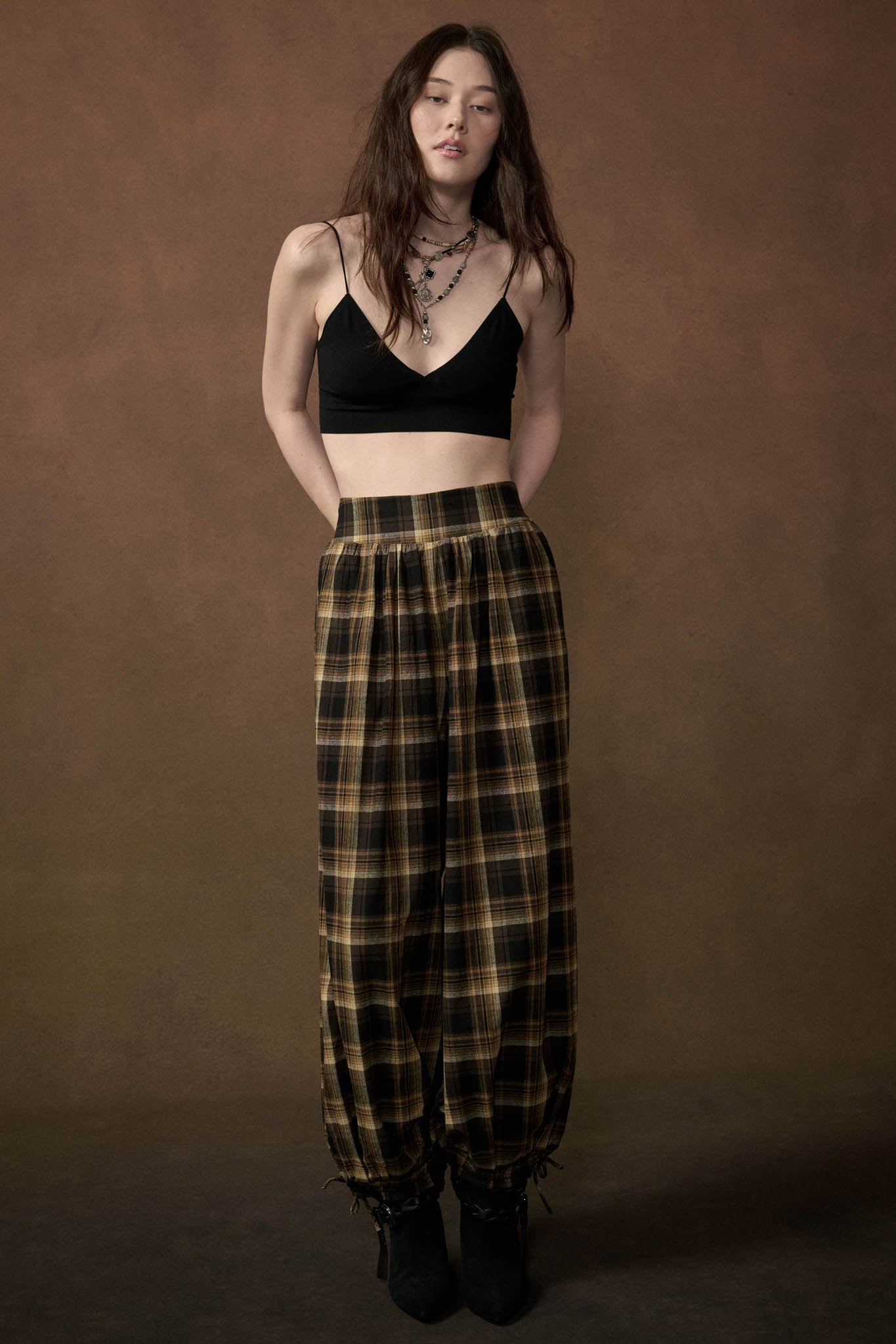 Plaid Mood High-Waist Drawstring-Hem Balloon Pants - ShopPromesa