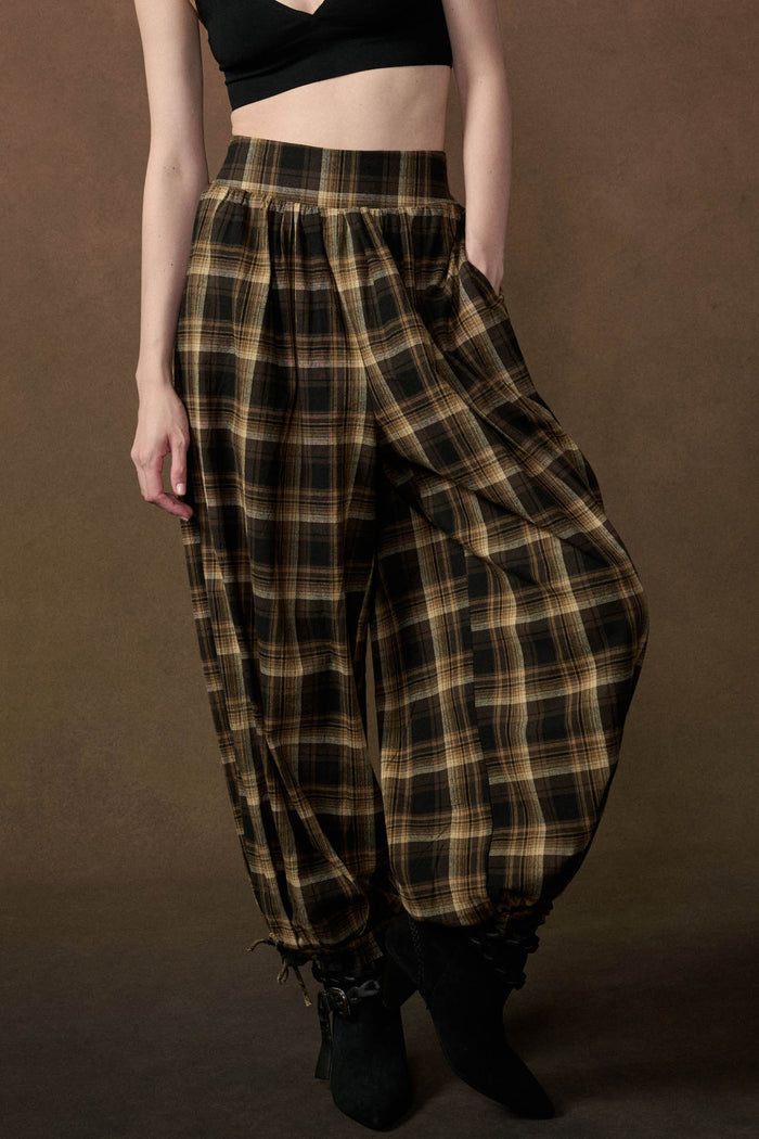 Plaid Mood High-Waist Drawstring-Hem Balloon Pants - ShopPromesa