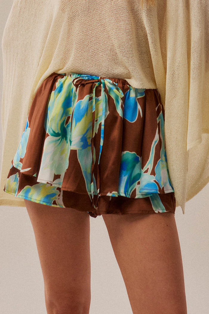 Iris Bloom Floral Satin Drawstring Mini Skort - ShopPromesa