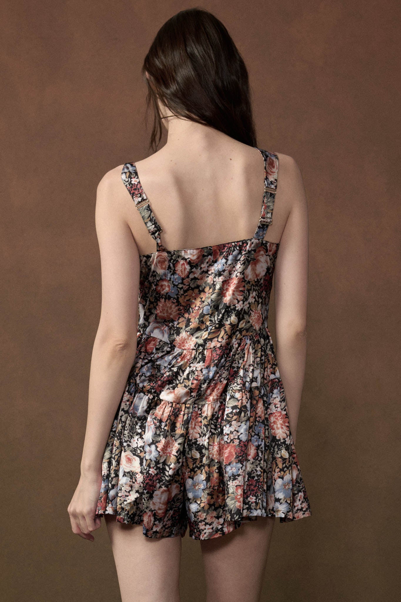 Shining Stems Floral Satin Tiered Sweetheart Romper - ShopPromesa
