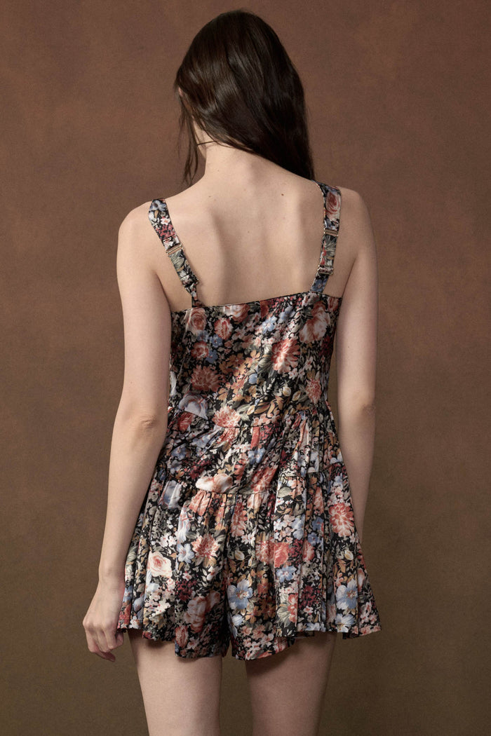 Shining Stems Floral Satin Tiered Sweetheart Romper - ShopPromesa