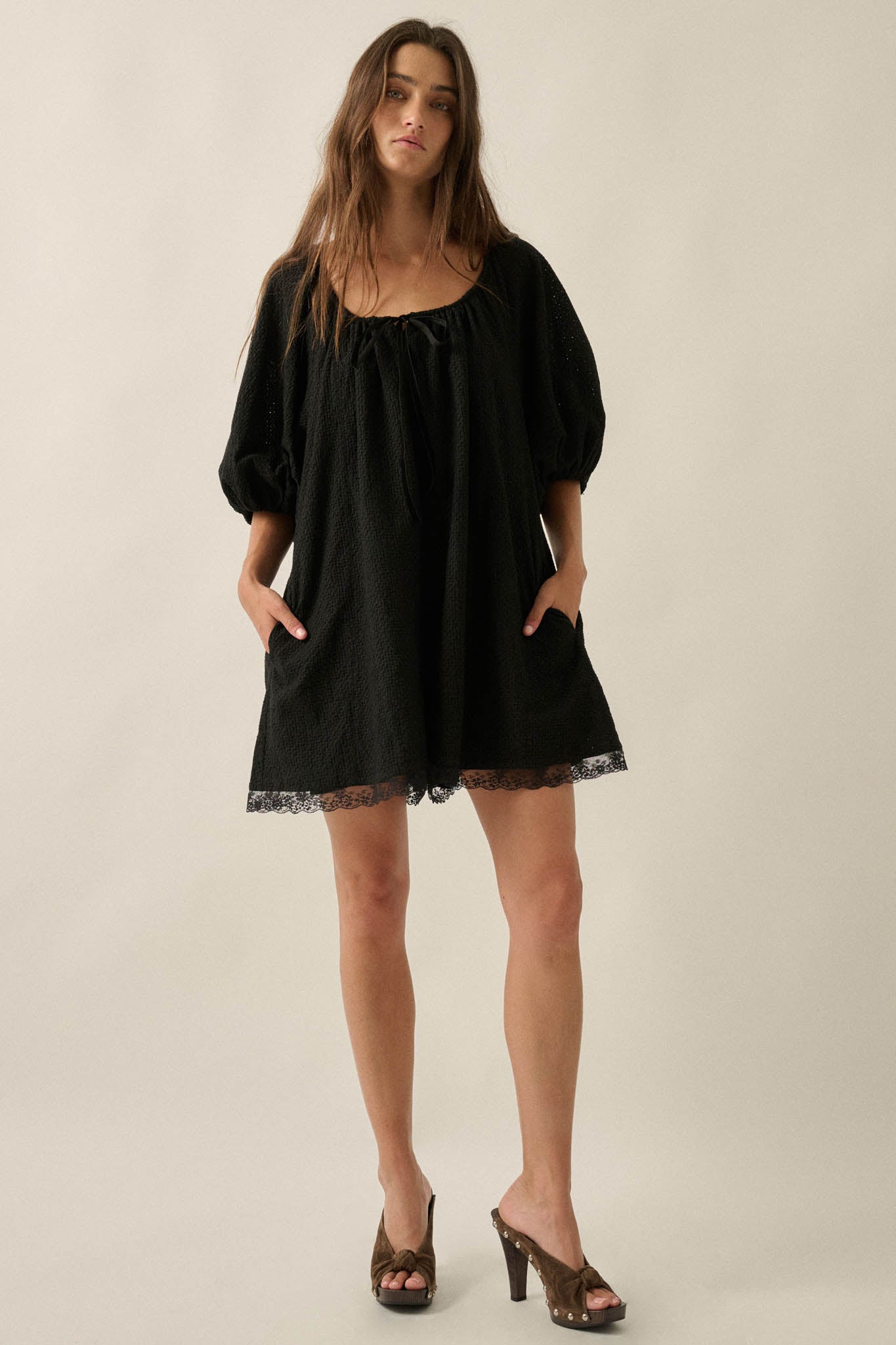 Up for It Eyelet Lace Puff-Sleeve Babydoll Romper - ShopPromesa