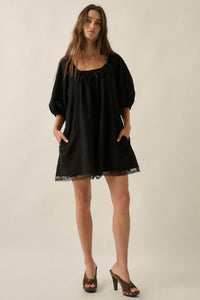 Up for It Eyelet Lace Puff-Sleeve Babydoll Romper - ShopPromesa