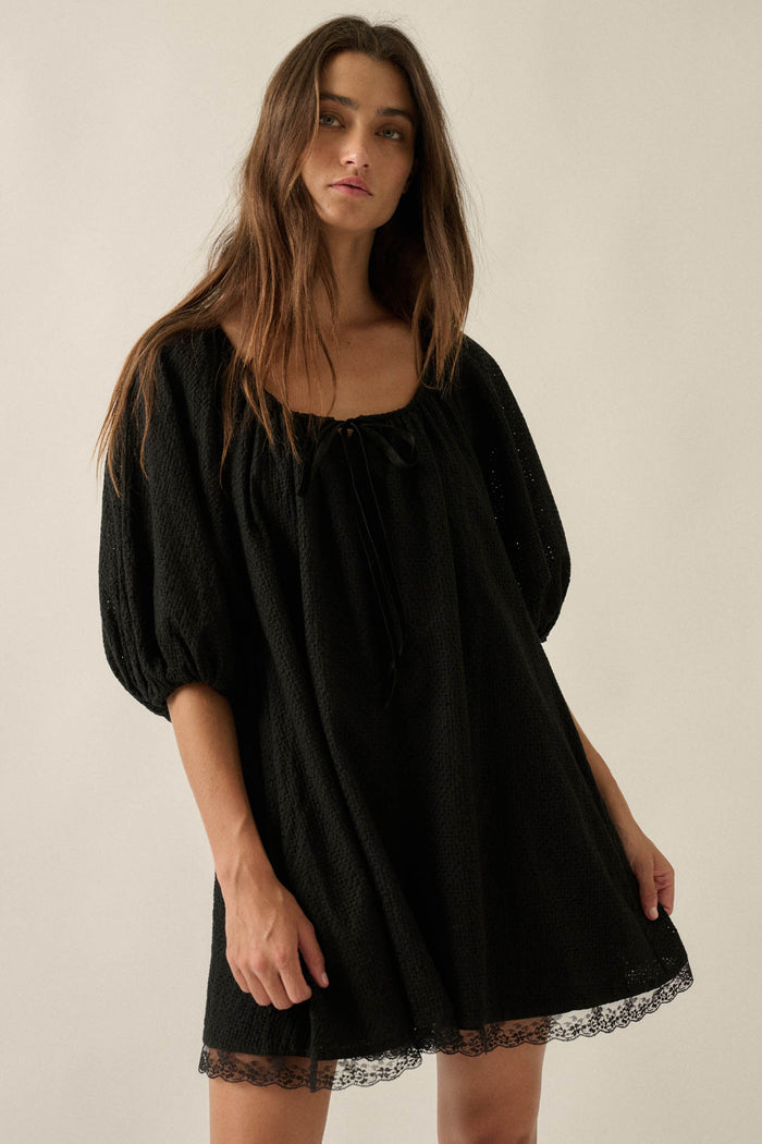 Up for It Eyelet Lace Puff-Sleeve Babydoll Romper - ShopPromesa