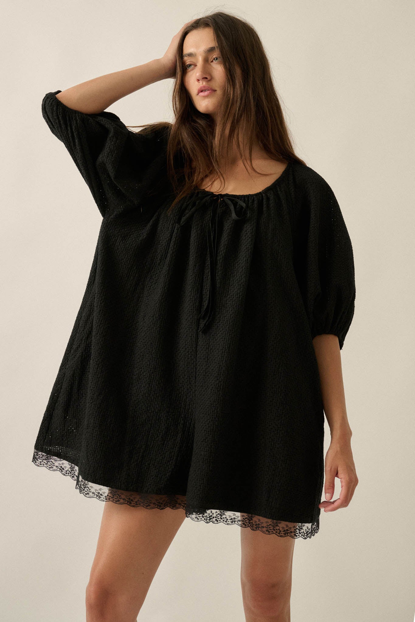 Up for It Eyelet Lace Puff-Sleeve Babydoll Romper - ShopPromesa