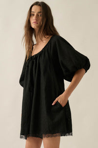 Up for It Eyelet Lace Puff-Sleeve Babydoll Romper - ShopPromesa
