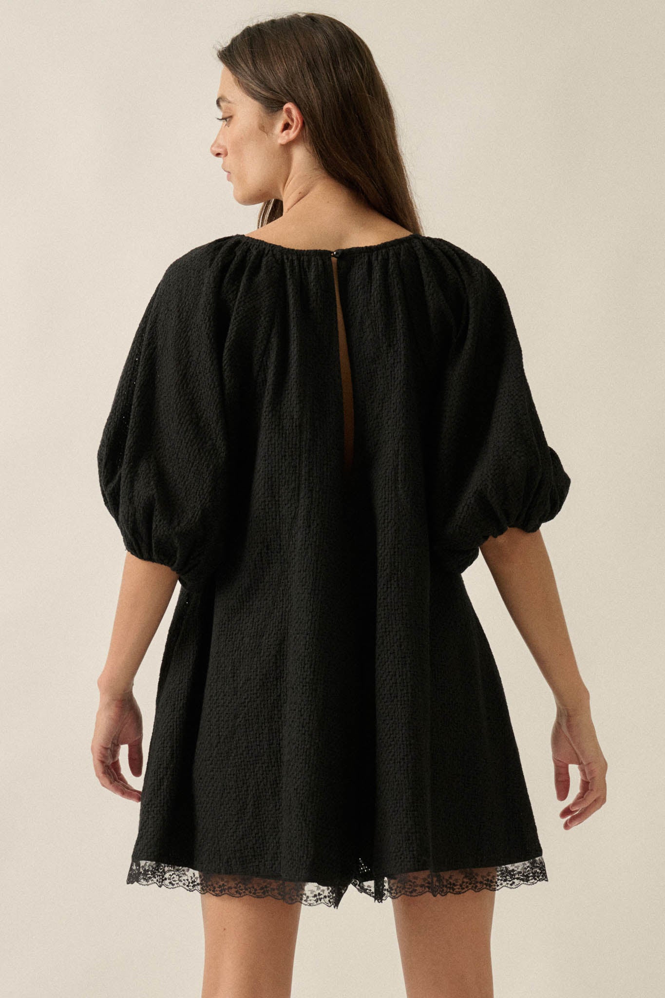Up for It Eyelet Lace Puff-Sleeve Babydoll Romper - ShopPromesa