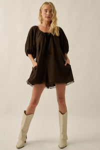 Up for It Eyelet Lace Puff-Sleeve Babydoll Romper - ShopPromesa