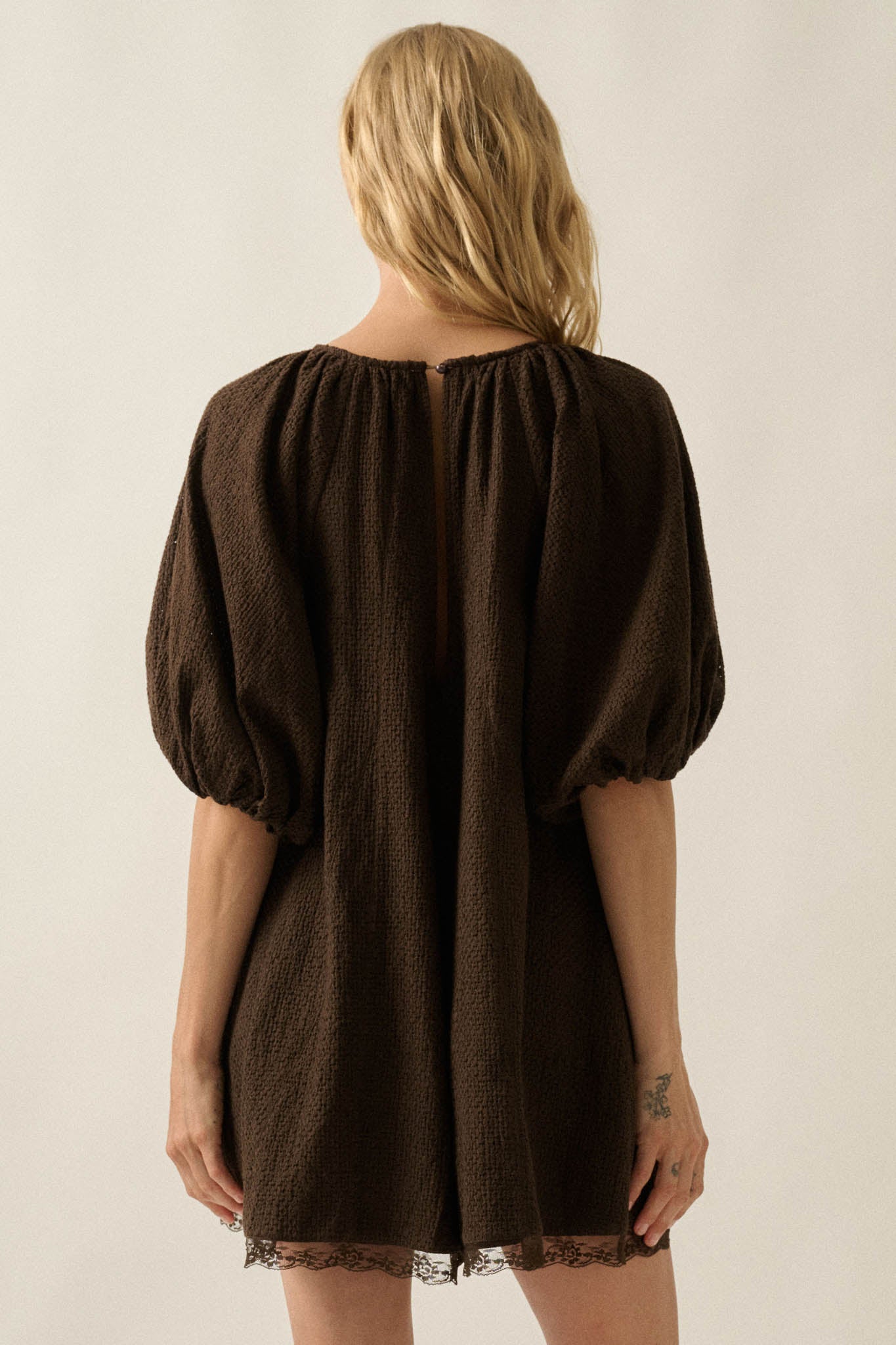 Up for It Eyelet Lace Puff-Sleeve Babydoll Romper - ShopPromesa